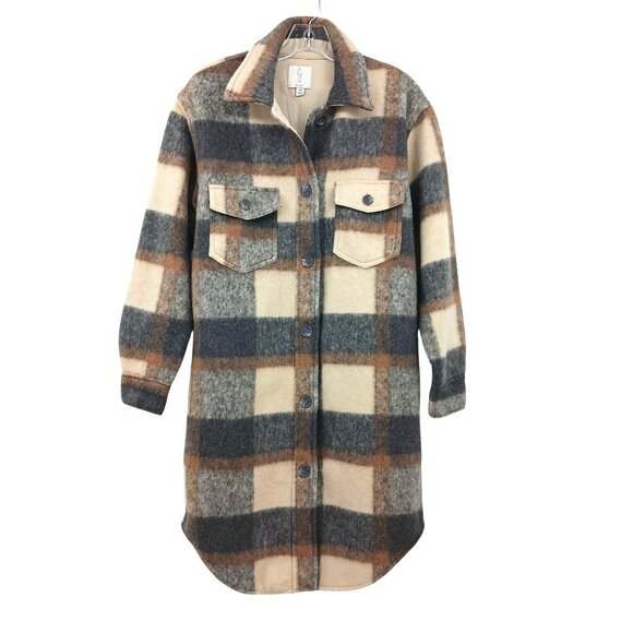 Joie Plaid Shacket Size Small Longline Gray Cream Tan Scandinavian Scandi Girl - Picture 1 of 9